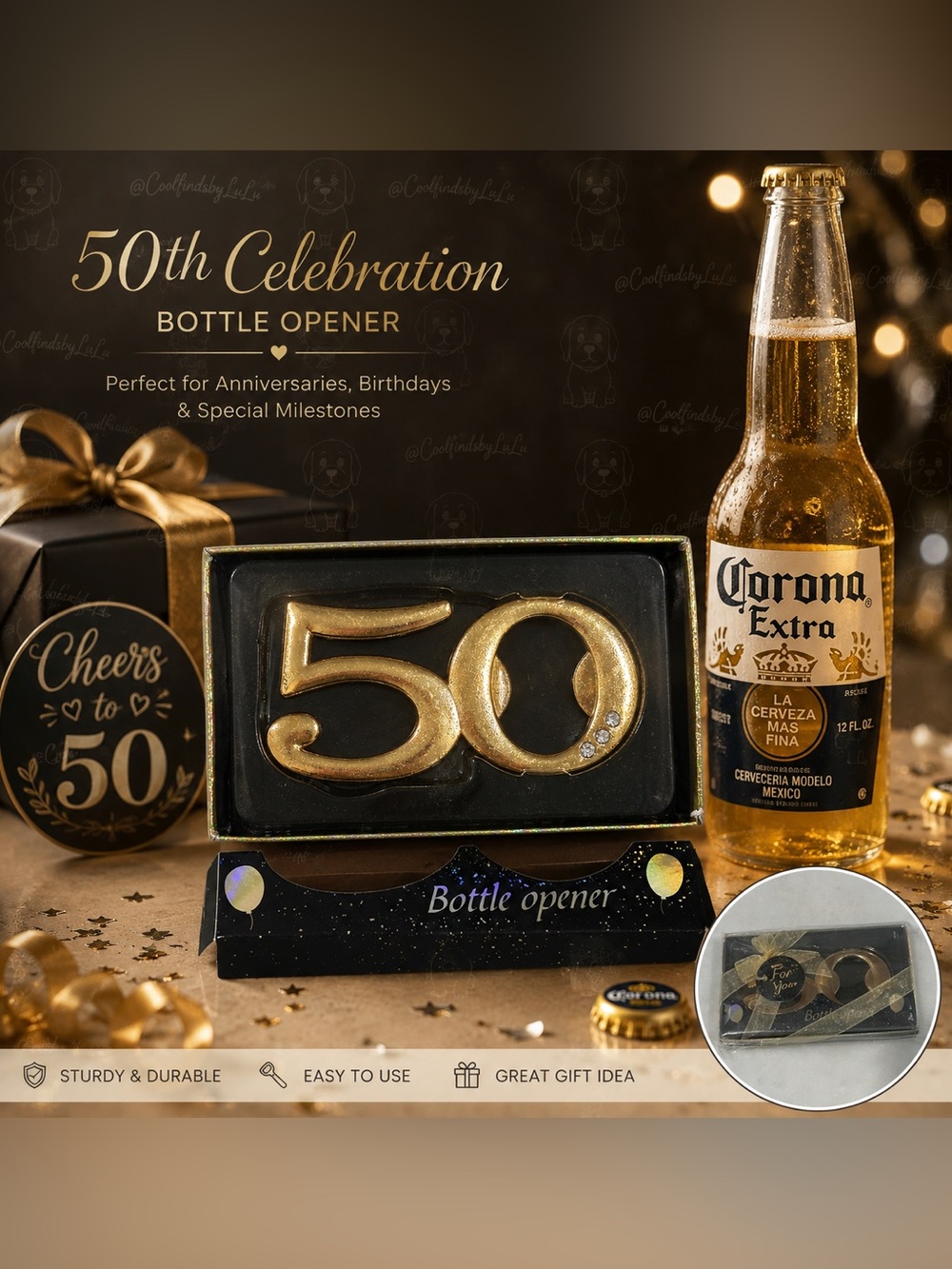 50th Celebration Gold Bottle Opener giveaway to guests